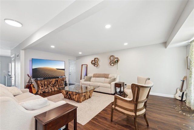 living room with baseboards, dark wood finished floors, and recessed lighting