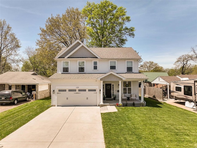 view of front of property with roof with shingles, a garage, a front yard, covered porch, and driveway