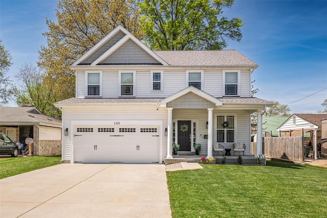 view of front of home with fence, a front lawn, a garage, a porch, and concrete driveway