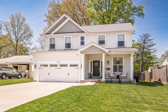 craftsman-style house with covered porch, a garage, fence, a front lawn, and concrete driveway