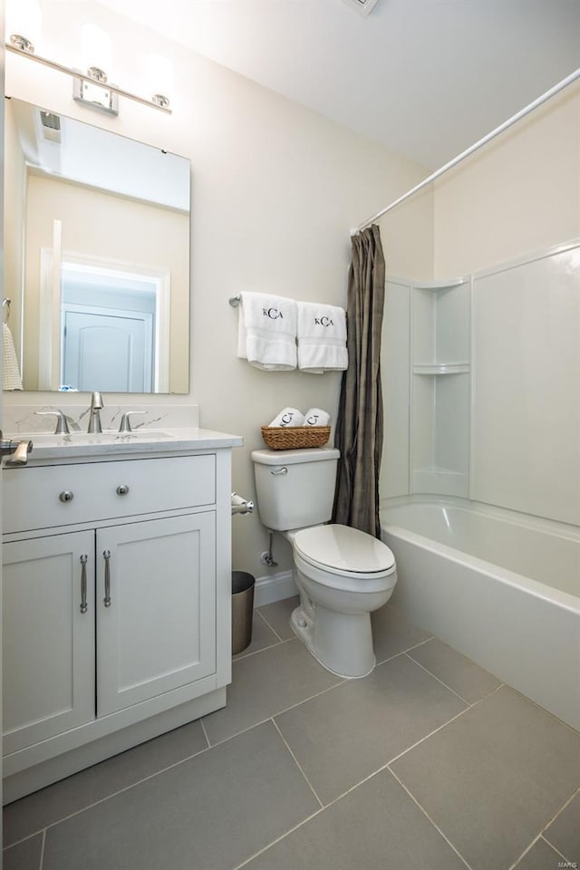 full bathroom with visible vents, shower / bathtub combination with curtain, tile patterned floors, and toilet