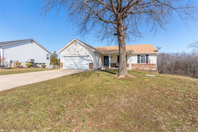 ranch-style home with brick siding, a front lawn, concrete driveway, and an attached garage