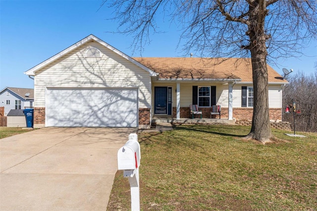 single story home with brick siding, a front lawn, a porch, and an attached garage