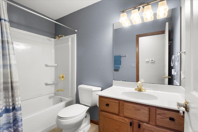 full bathroom with shower / tub combo, vanity, and toilet