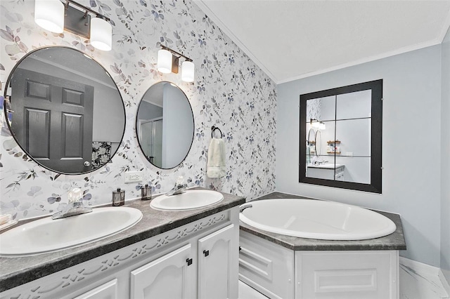 full bathroom featuring crown molding, a sink, a bath, and wallpapered walls