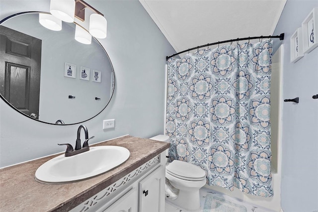 bathroom featuring toilet, shower / bathtub combination with curtain, ornamental molding, and vanity