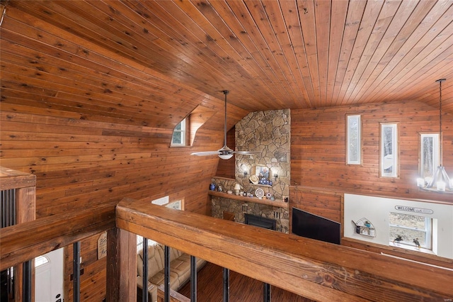 interior space featuring lofted ceiling, wooden ceiling, and wooden walls