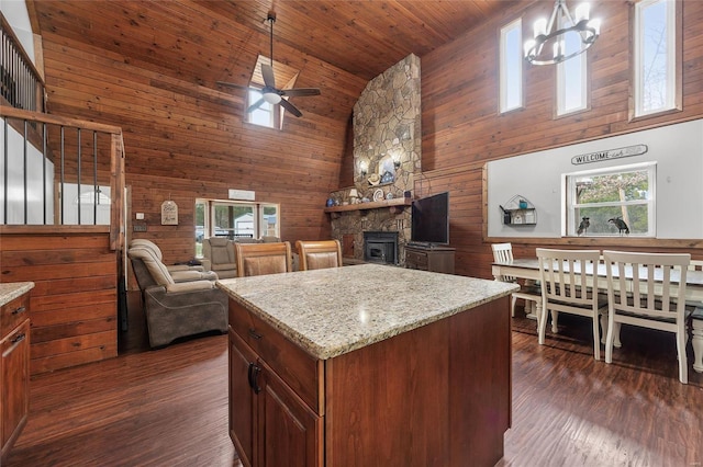 kitchen featuring wooden ceiling, wooden walls, high vaulted ceiling, and dark wood-type flooring