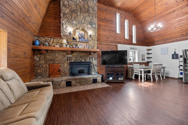 living area with wooden ceiling, wooden walls, dark wood finished floors, and a notable chandelier