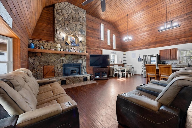 living area with high vaulted ceiling, wood finished floors, wood ceiling, and a ceiling fan