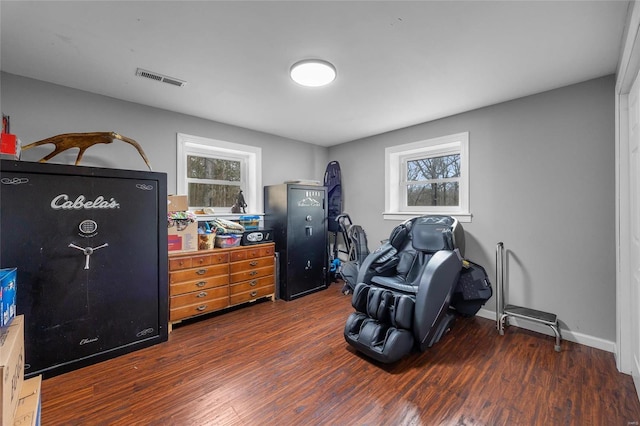 interior space with baseboards, visible vents, multiple windows, and wood finished floors