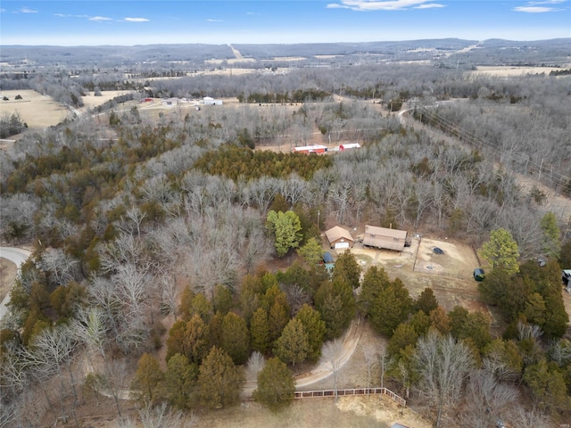 bird's eye view with a wooded view