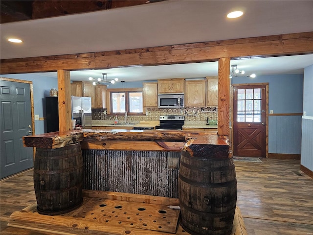 kitchen featuring tasteful backsplash, wainscoting, dark wood-type flooring, stainless steel appliances, and a sink