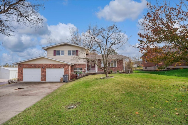 split level home with an attached garage, brick siding, driveway, and a front lawn