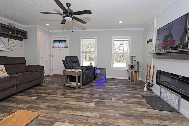 living room featuring a textured ceiling, dark wood-type flooring, baseboards, ornamental molding, and a glass covered fireplace