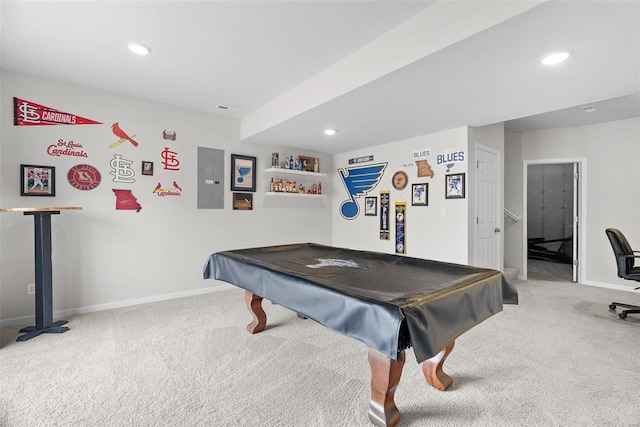 rec room featuring electric panel, baseboards, pool table, carpet floors, and recessed lighting