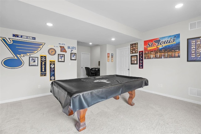 game room with recessed lighting, carpet, visible vents, and baseboards