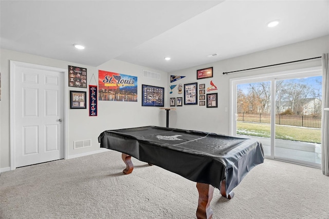 game room with baseboards, carpet flooring, visible vents, and recessed lighting