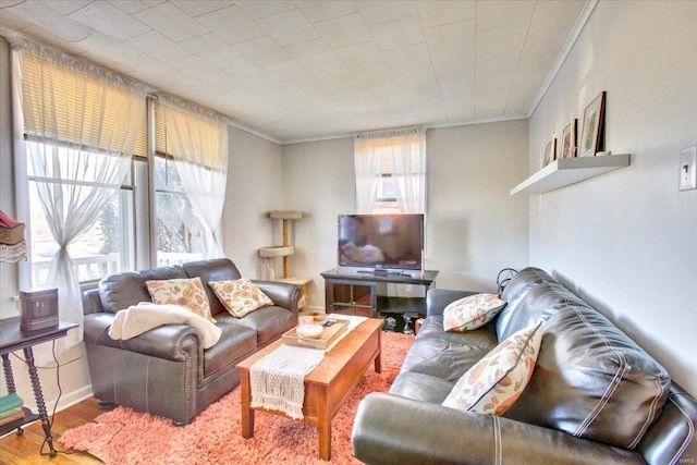 living area with ornamental molding, wood finished floors, and baseboards