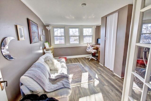 living area featuring wood finished floors and baseboards