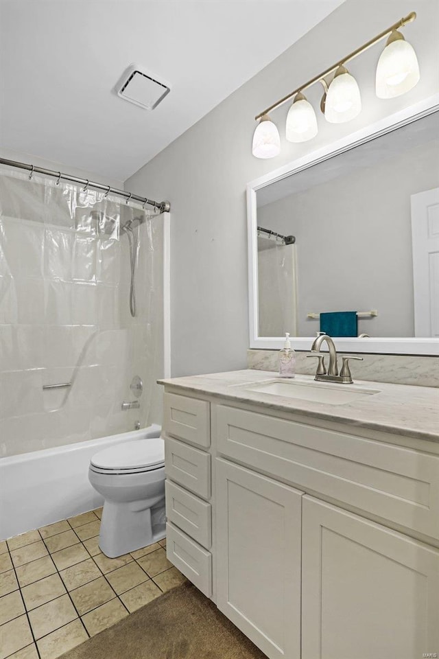 bathroom with shower / tub combo, visible vents, toilet, tile patterned flooring, and vanity