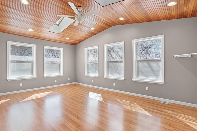 spare room featuring vaulted ceiling with skylight, wooden ceiling, visible vents, baseboards, and light wood finished floors