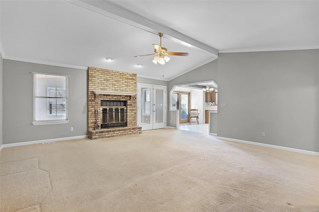 unfurnished living room featuring light carpet, lofted ceiling with beams, and baseboards