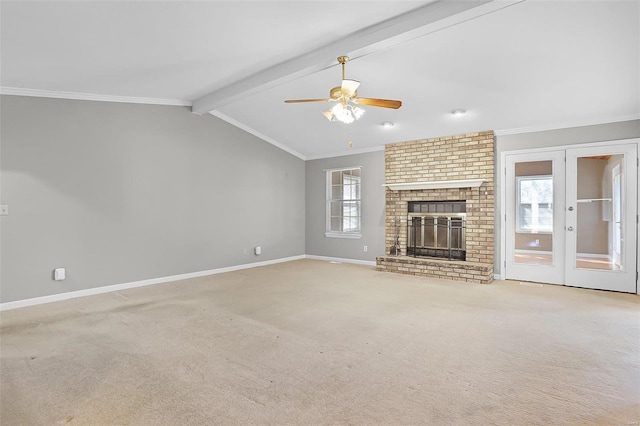 unfurnished living room featuring vaulted ceiling with beams, crown molding, plenty of natural light, and baseboards