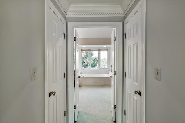 corridor with carpet flooring and crown molding