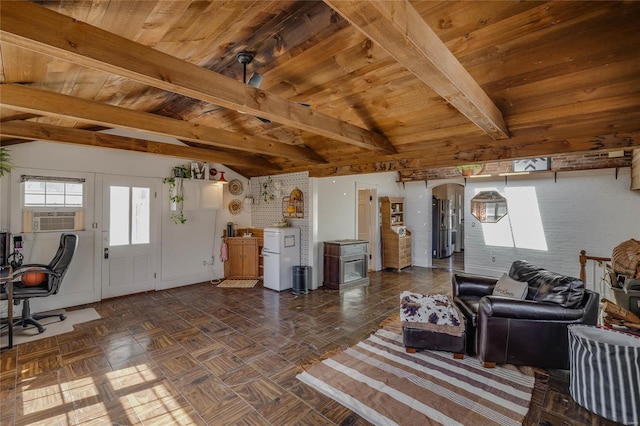 living area featuring cooling unit, arched walkways, wooden ceiling, and vaulted ceiling with beams