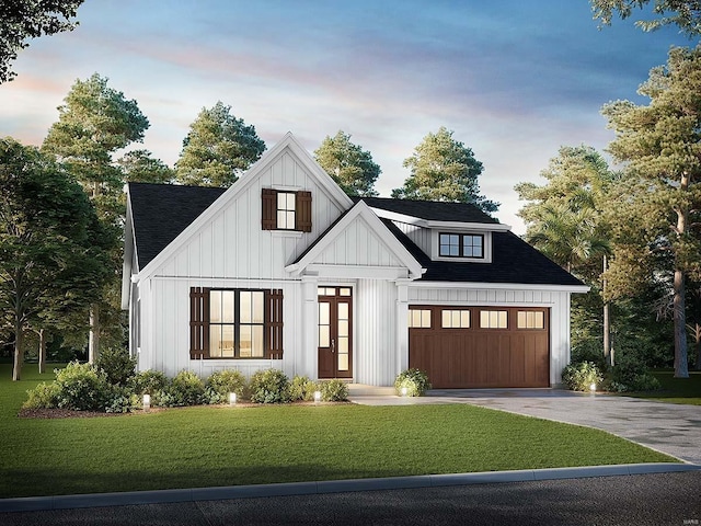 modern farmhouse with a shingled roof, concrete driveway, a lawn, board and batten siding, and a garage