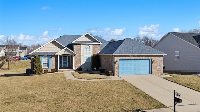 traditional-style home featuring driveway, brick siding, roof with shingles, an attached garage, and a front yard