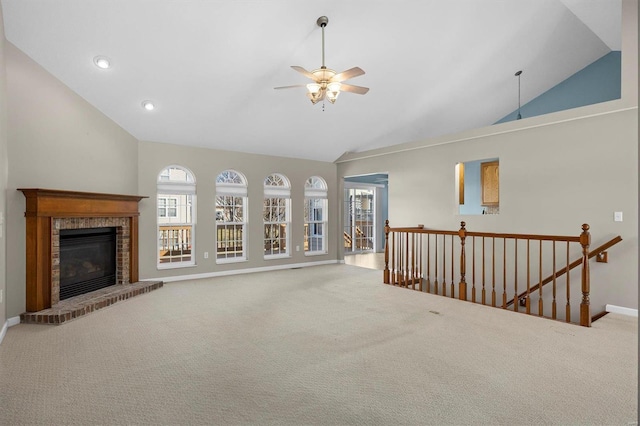 unfurnished living room featuring a fireplace, recessed lighting, carpet flooring, ceiling fan, and baseboards