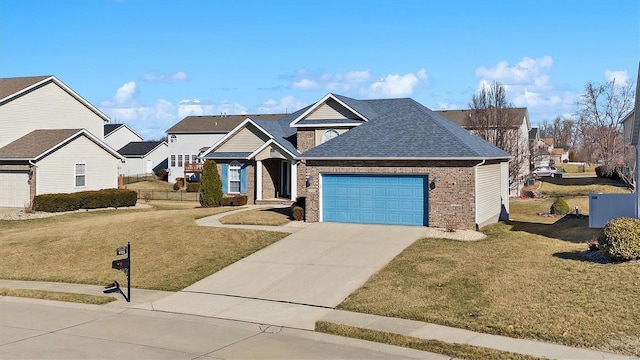 traditional-style home with brick siding, a shingled roof, concrete driveway, a garage, and a front lawn