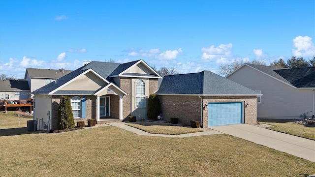 traditional-style home with driveway, brick siding, a shingled roof, an attached garage, and a front yard