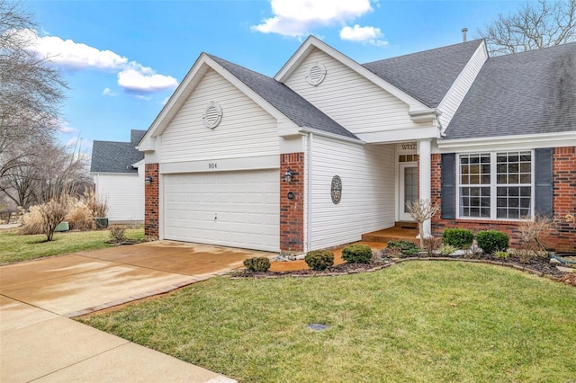 view of front of property with a garage, concrete driveway, brick siding, and roof with shingles