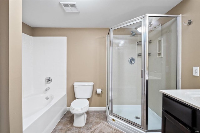 full bath featuring visible vents, toilet, a stall shower, and tile patterned flooring