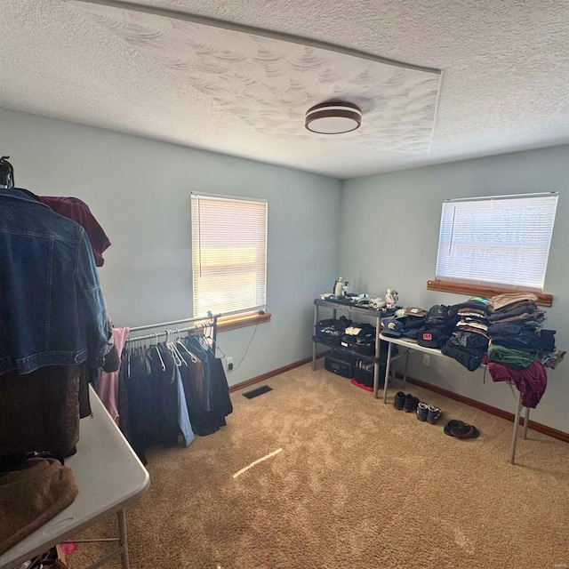 carpeted bedroom with multiple windows, visible vents, and baseboards