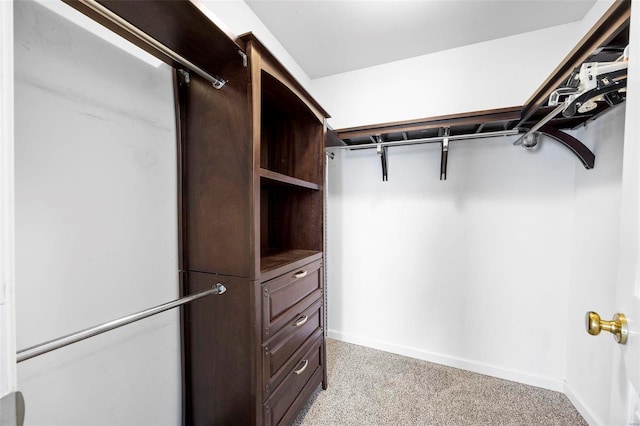 walk in closet featuring light colored carpet