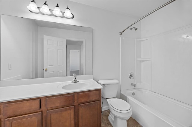 full bathroom featuring toilet, tile patterned floors,  shower combination, and vanity