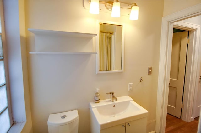 bathroom with toilet, a sink, and wood finished floors