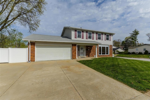 view of front of property featuring an attached garage, brick siding, fence, concrete driveway, and a front yard