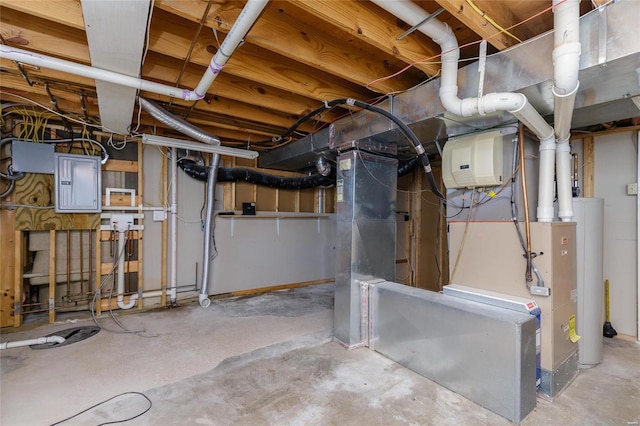 unfinished below grade area with water heater and electric panel