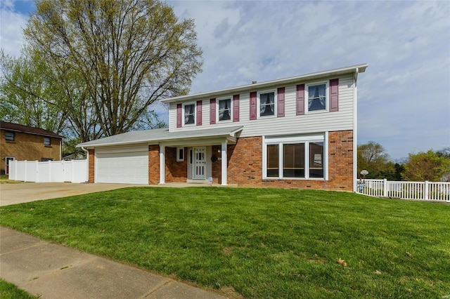 view of front of house featuring driveway, brick siding, an attached garage, and fence