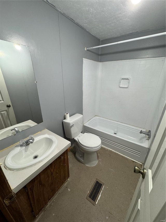 full bath featuring shower / washtub combination, visible vents, toilet, a textured ceiling, and vanity