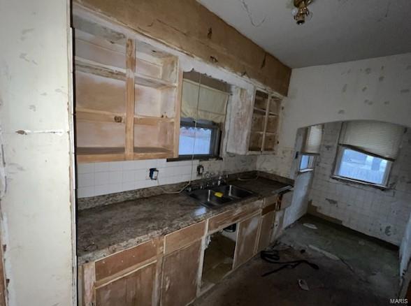 kitchen with glass insert cabinets, a sink, and decorative backsplash