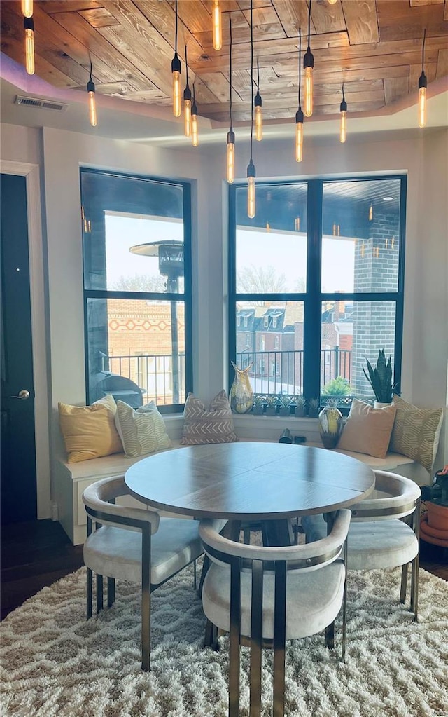 dining space with visible vents and wood ceiling