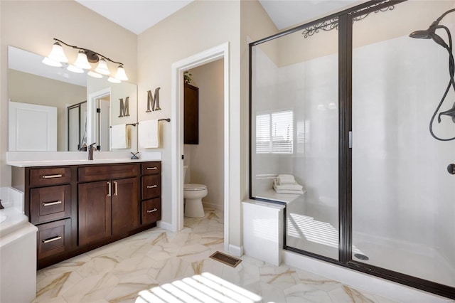 full bathroom featuring marble finish floor, a shower stall, visible vents, and vanity