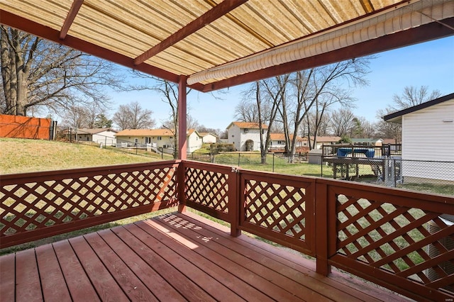 wooden deck with a lawn, a residential view, and a fenced backyard