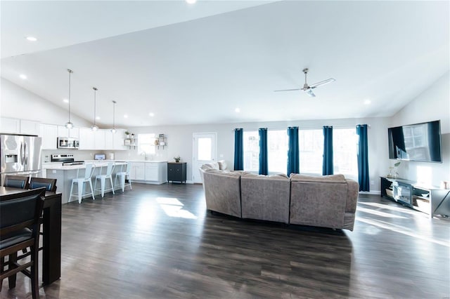 living area featuring dark wood-style flooring and recessed lighting